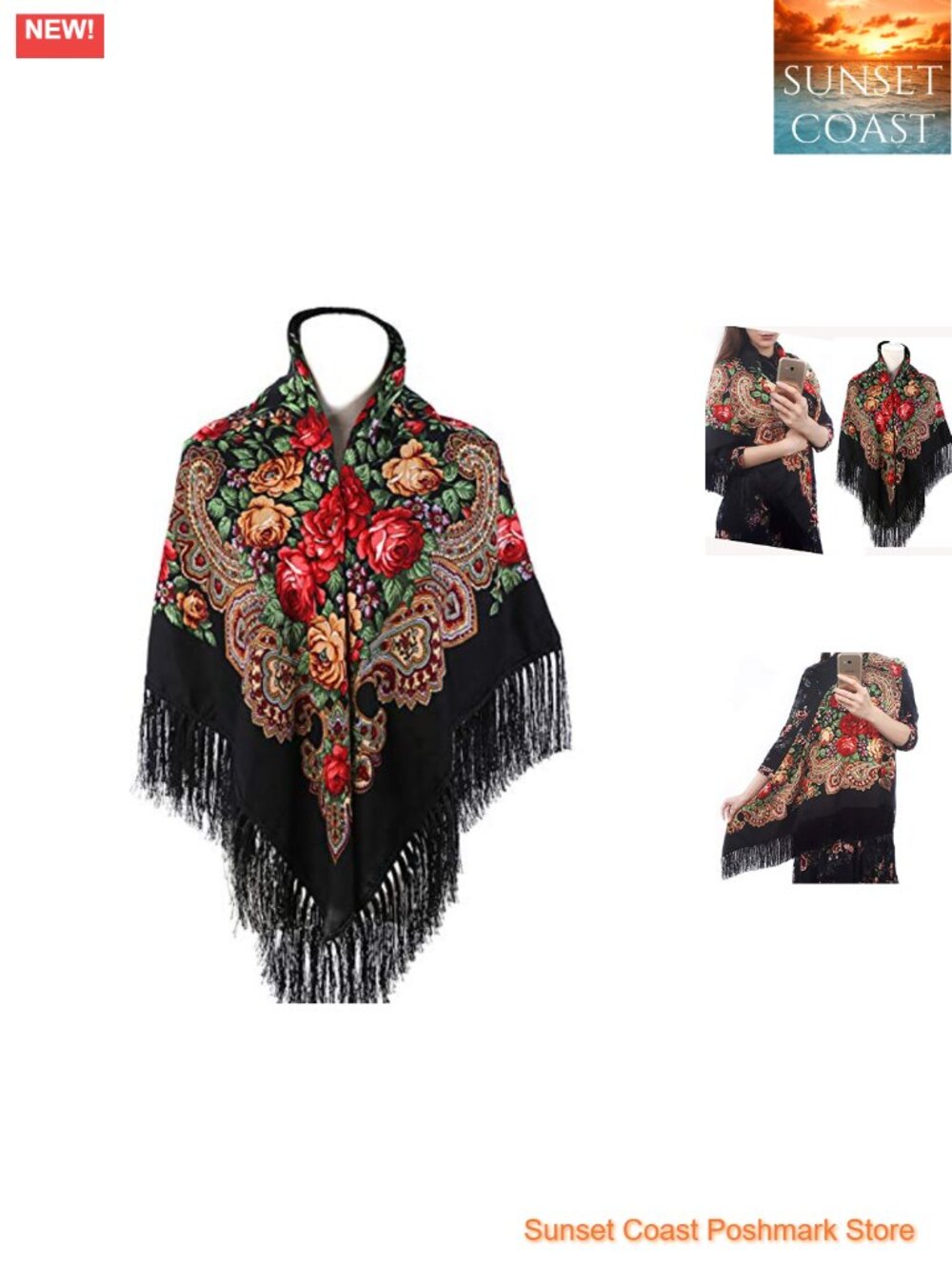 Traditional Floral Scarf Wrap Tassel Fringe Square Shawl Poncho Cape
